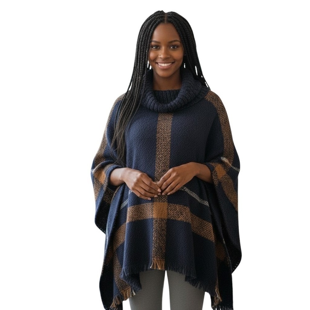 World Market Plaid Cowl Neck Fringe Poncho Navy Mustard Women One Size